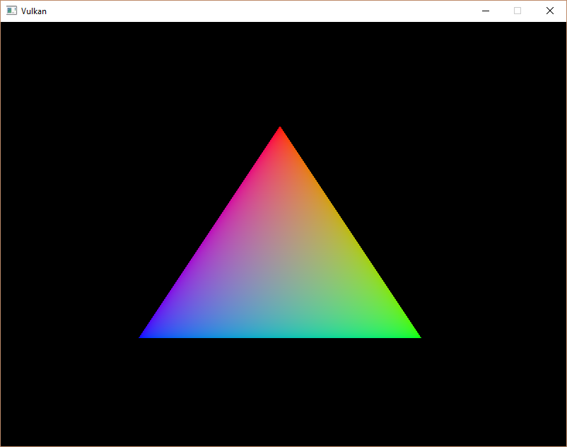 a simple window titled "Vulkan" contains a color-blended triangle with red, green, and blue tips.