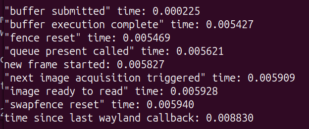 "buffer submitted" time: 0.000225, "buffer execution complete" time: 0.005427, "fence reset" time: 0.005469, "queue present called" time: 0.005621, new frame started: 0.005827, "next image acquisition triggered" time: 0.005909, "image ready to read" time: 0.005928, "swapfence reset" time: 0.005940, time since last wayland callback: 0.008830